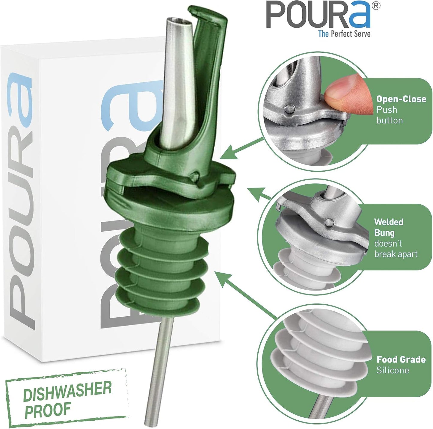 AIRTIGHT Olive Oil Pour Spout for Olive Oil Dispenser - UK Patented Oil Pourer - Hygienic One Handed Open Close Mechanism Keeps Oil Fresh. Dust Caps Cover | Screens Alternative - Green 2 PCs