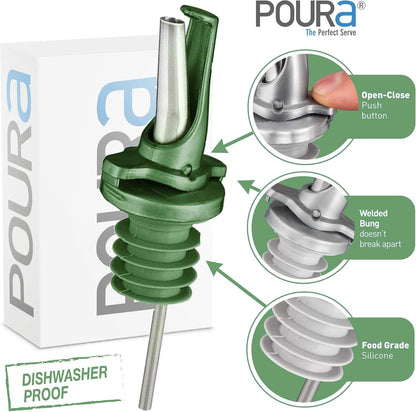 AIRTIGHT Olive Oil Pour Spout for Olive Oil Dispenser - UK Patented Oil Pourer - Hygienic One Handed Open Close Mechanism Keeps Oil Fresh. Dust Caps Cover | Screens Alternative - Green 2 PCs