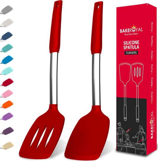 Silicone Spatula Set - Turner Spatulas Silicone Heat Resistant 600°F - Slotted & Solid Spatula for Cooking Fish, Eggs, Pancakes Flipper – Spatulas for kitchen use – Red