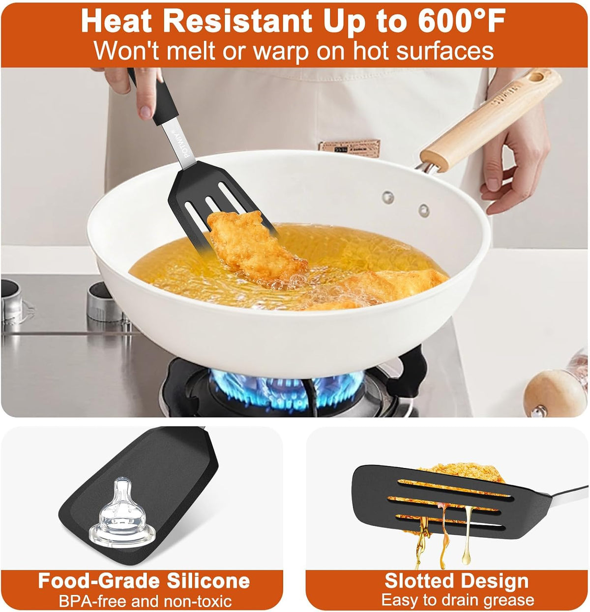 2 Pack Silicone Kitchen Spatula Set, 600°F Heat Resistant (Black)