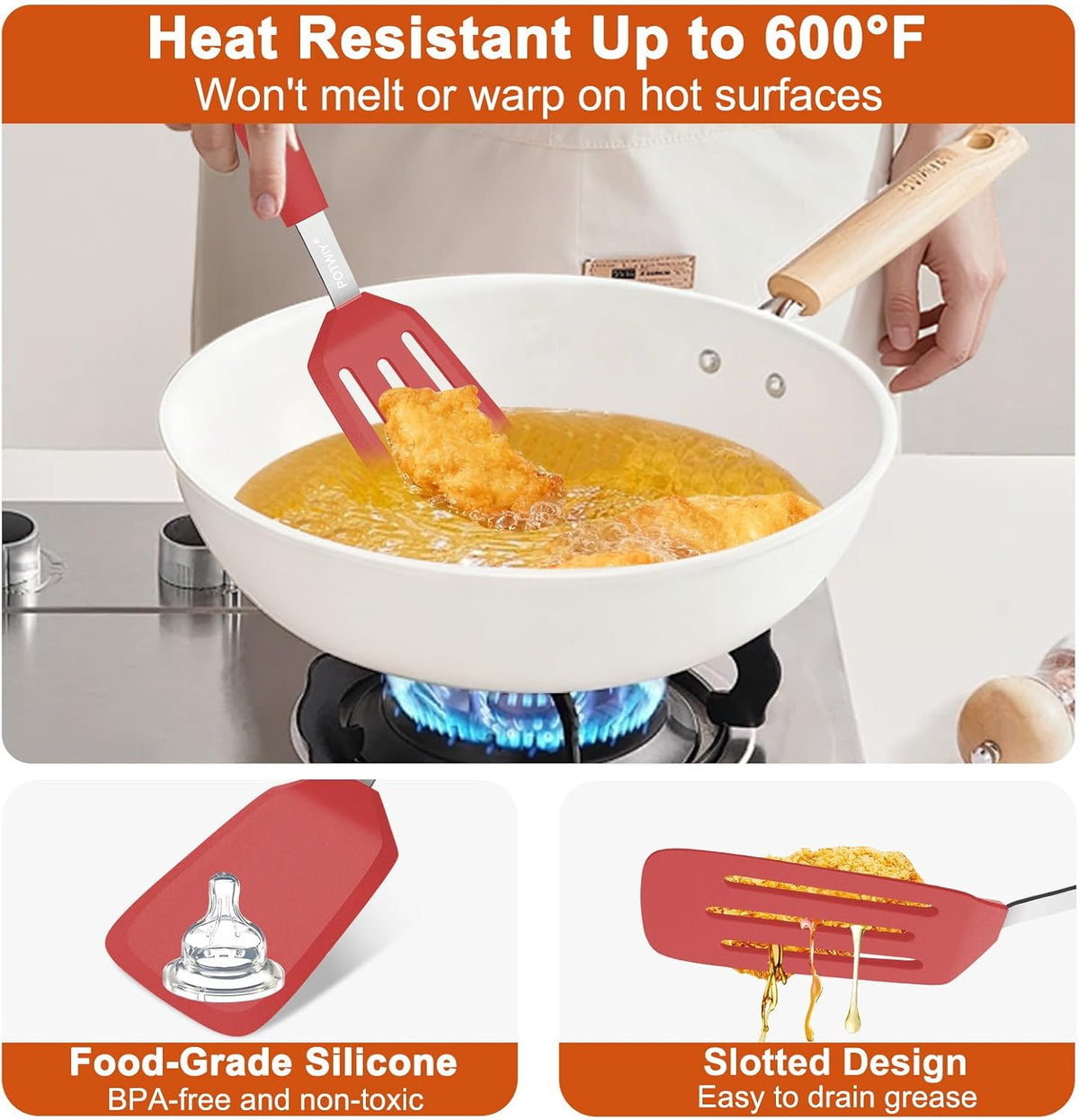 2 Pack Silicone Kitchen Spatula Set, 600°F Heat Resistant (Black)