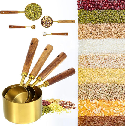 8 Piece Premium Stainless Steel Measuring Cups with Wood Handles, Gold Measuring Cups and Spoons Set,4 Stackable Wooden Measuring Cups and 4 Measuring Spoons Set for Baking Supplies in the Kitchen