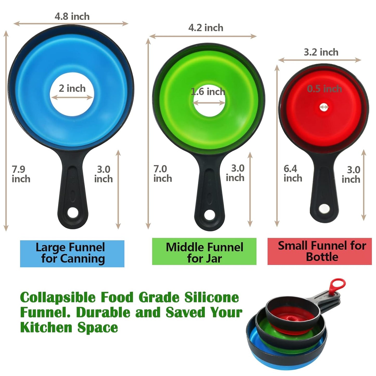 Canning Funnel for Wide and Regular Jars，Wide Mouth Funnels Sets of 3, Large for Mason Jar, Food Grade Collapsible Silicone Kitchen Accessories for Transfer Jam, Juice, Spices and Oil
