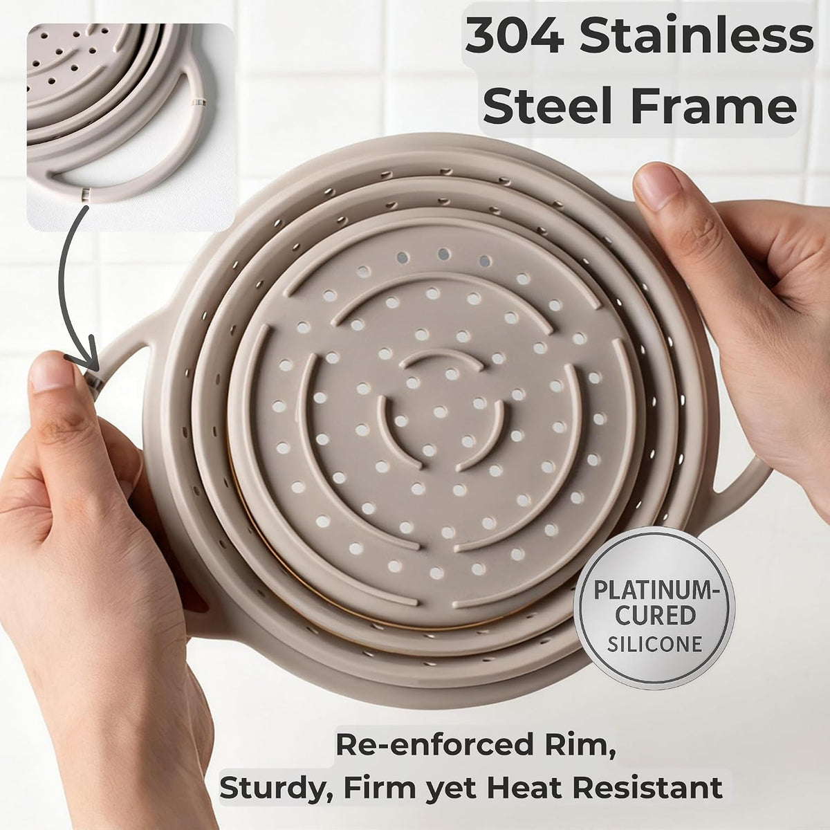 Collapsible Silicone Colander Set, Stainless Steel Rim (3 Pk)