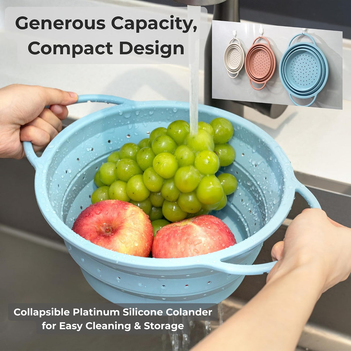 Collapsible Silicone Colander Set, Stainless Steel Rim (3 Pk)