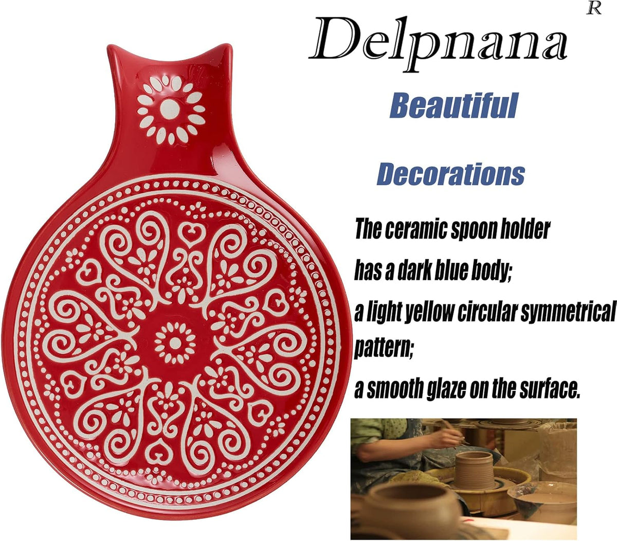 Ceramic Spoon Rest, Cooking Spoon Holder for Kitchen Counter/Stove Top/Dining Table Modern Farmhouse Decorative, Large (Blue)