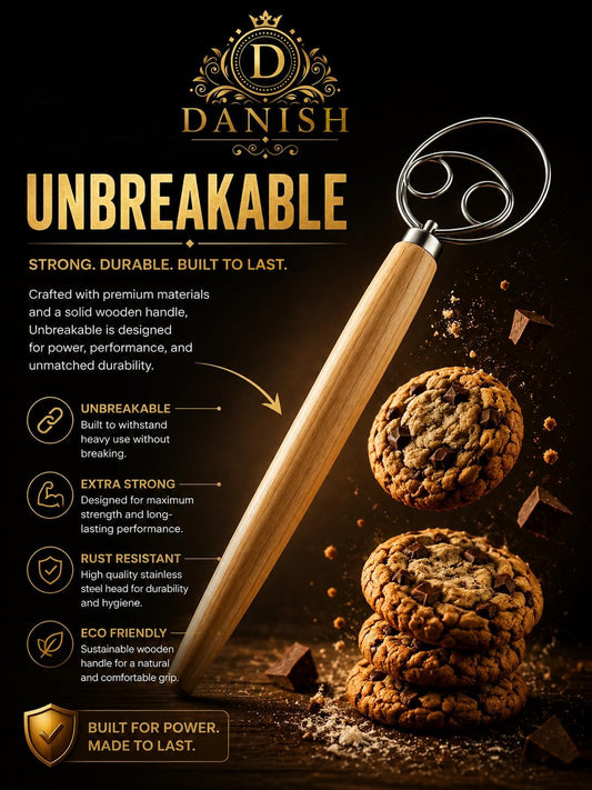 DANISH Dough Whisk for Dough Making – Unbreakable 13 Inch Artisan Stainless Steel Sourdough Whisk with Solid ErgoGrip Wooden Handle, Non-Rust Anti-Clog Design for Bread, Pizza, Pastry & Biscuit Dough
