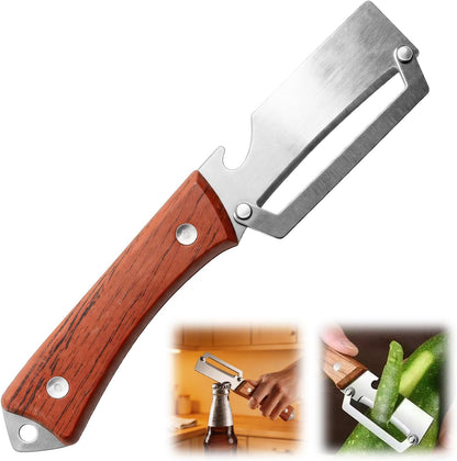 Premium Vegetable Peeler with Wooden Handle and Bottle Opener: 2-in-1 Stainless Steel Kitchen Tool for Fruit Potato Apple Papaya Pumpkin,Gifts for Mom (1 pcs)