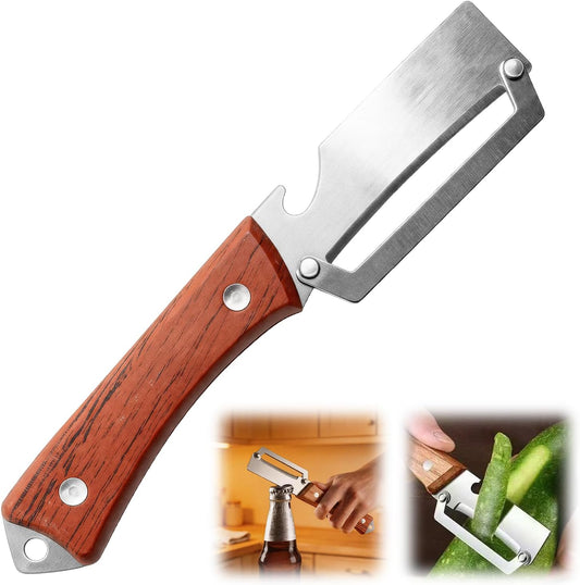 Premium Vegetable Peeler with Wooden Handle and Bottle Opener: 2-in-1 Stainless Steel Kitchen Tool for Fruit Potato Apple Papaya Pumpkin,Gifts for Mom (1 pcs)