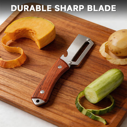 Premium Vegetable Peeler with Wooden Handle and Bottle Opener: 2-in-1 Stainless Steel Kitchen Tool for Fruit Potato Apple Papaya Pumpkin,Gifts for Mom (1 pcs)