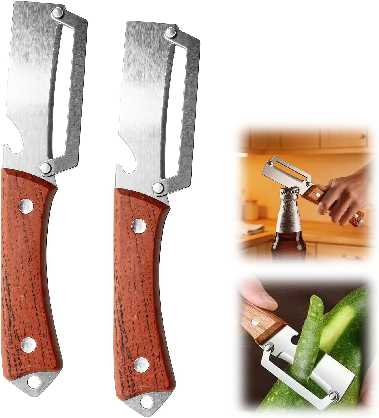 Premium Vegetable Peeler with Wooden Handle and Bottle Opener: 2-in-1 Stainless Steel Kitchen Tool for Fruit Potato Apple Papaya Pumpkin,Gifts for Mom (1 pcs)