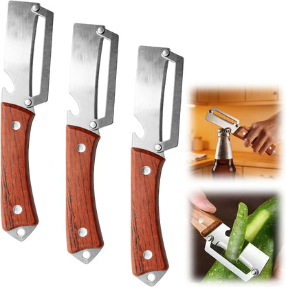 Premium Vegetable Peeler with Wooden Handle and Bottle Opener: 2-in-1 Stainless Steel Kitchen Tool for Fruit Potato Apple Papaya Pumpkin,Gifts for Mom (1 pcs)