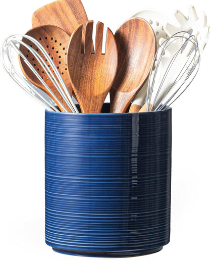Large Utensil Holder for Kitchen Counter, 7.3” Ceramic Cooking Utensil Crocks for Spatula & Spoon, Farmhouse Kitchen Utensil Holder with Cork, Home Decor, Dark Blue
