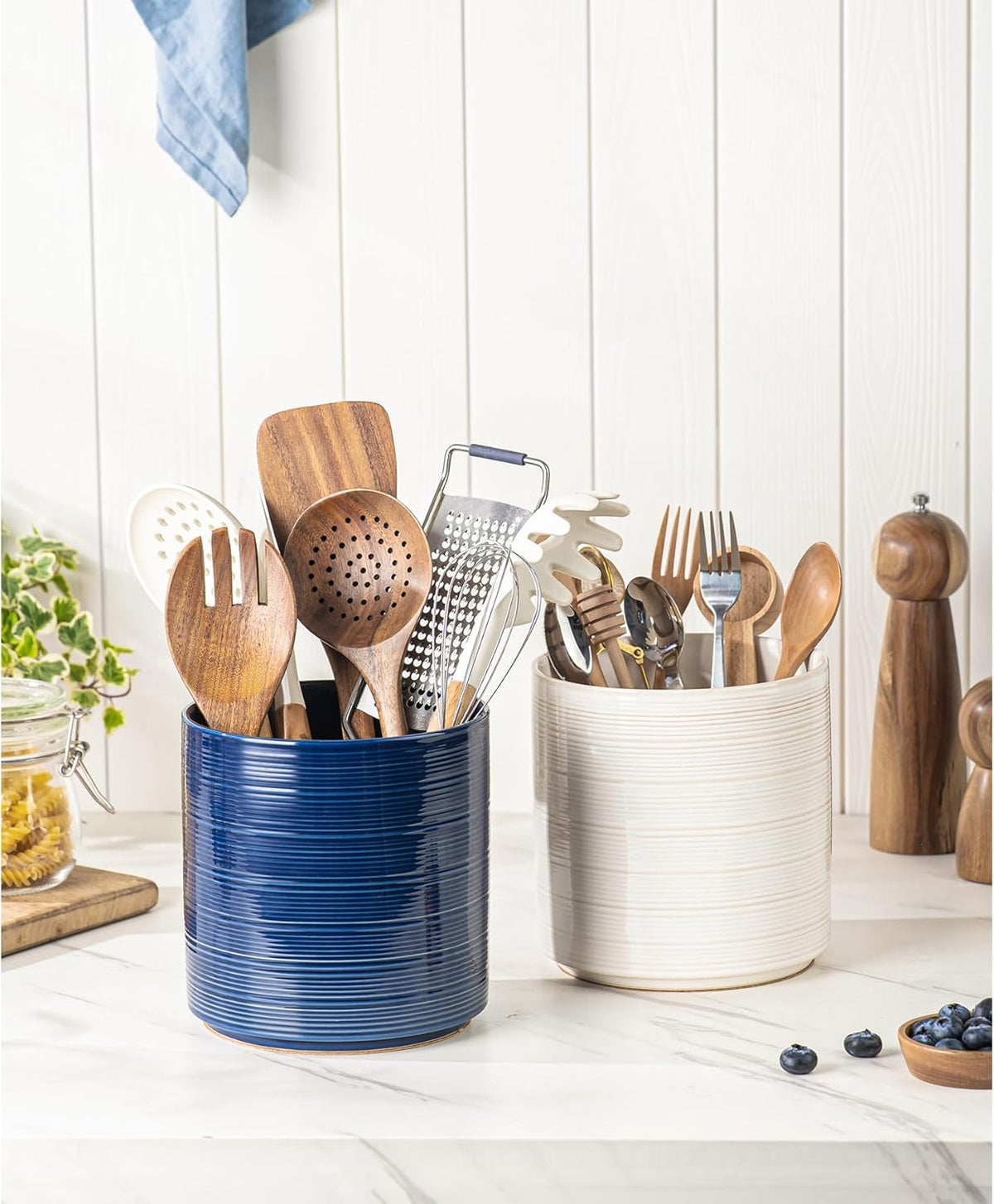 Large Utensil Holder for Kitchen Counter, 7.3” Ceramic Cooking Utensil Crocks for Spatula & Spoon, Farmhouse Kitchen Utensil Holder with Cork, Home Decor, Dark Blue