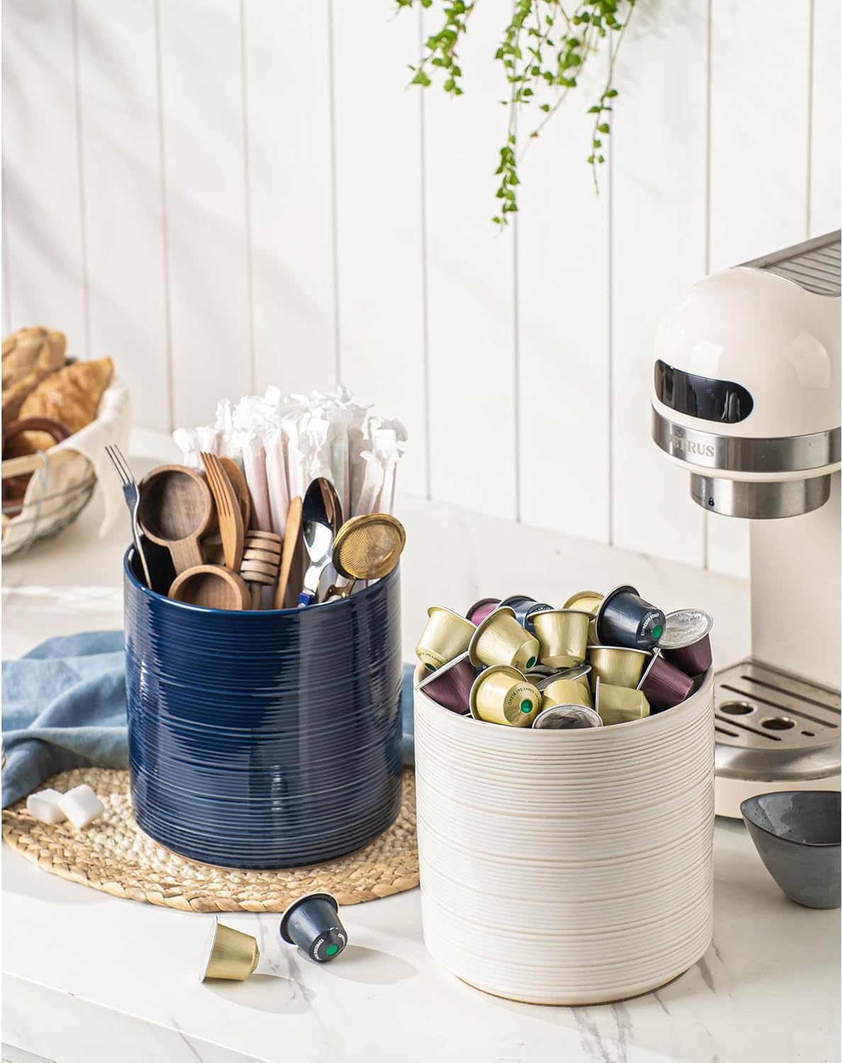Large Utensil Holder for Kitchen Counter, 7.3” Ceramic Cooking Utensil Crocks for Spatula & Spoon, Farmhouse Kitchen Utensil Holder with Cork, Home Decor, Dark Blue