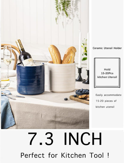 Large Utensil Holder for Kitchen Counter, 7.3” Ceramic Cooking Utensil Crocks for Spatula & Spoon, Farmhouse Kitchen Utensil Holder with Cork, Home Decor, Dark Blue