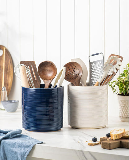 Large Utensil Holder for Kitchen Counter, 7.3” Ceramic Cooking Utensil Crocks for Spatula & Spoon, Farmhouse Kitchen Utensil Holder with Cork, Home Decor, Dark Blue