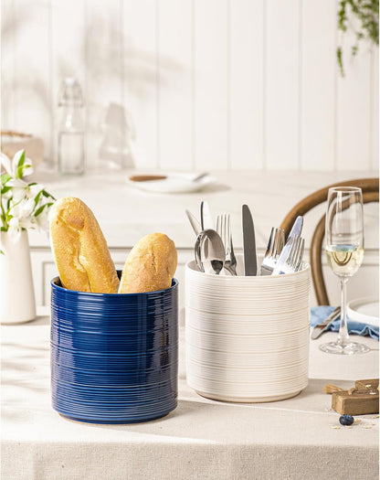 Large Utensil Holder for Kitchen Counter, 7.3” Ceramic Cooking Utensil Crocks for Spatula & Spoon, Farmhouse Kitchen Utensil Holder with Cork, Home Decor, Dark Blue
