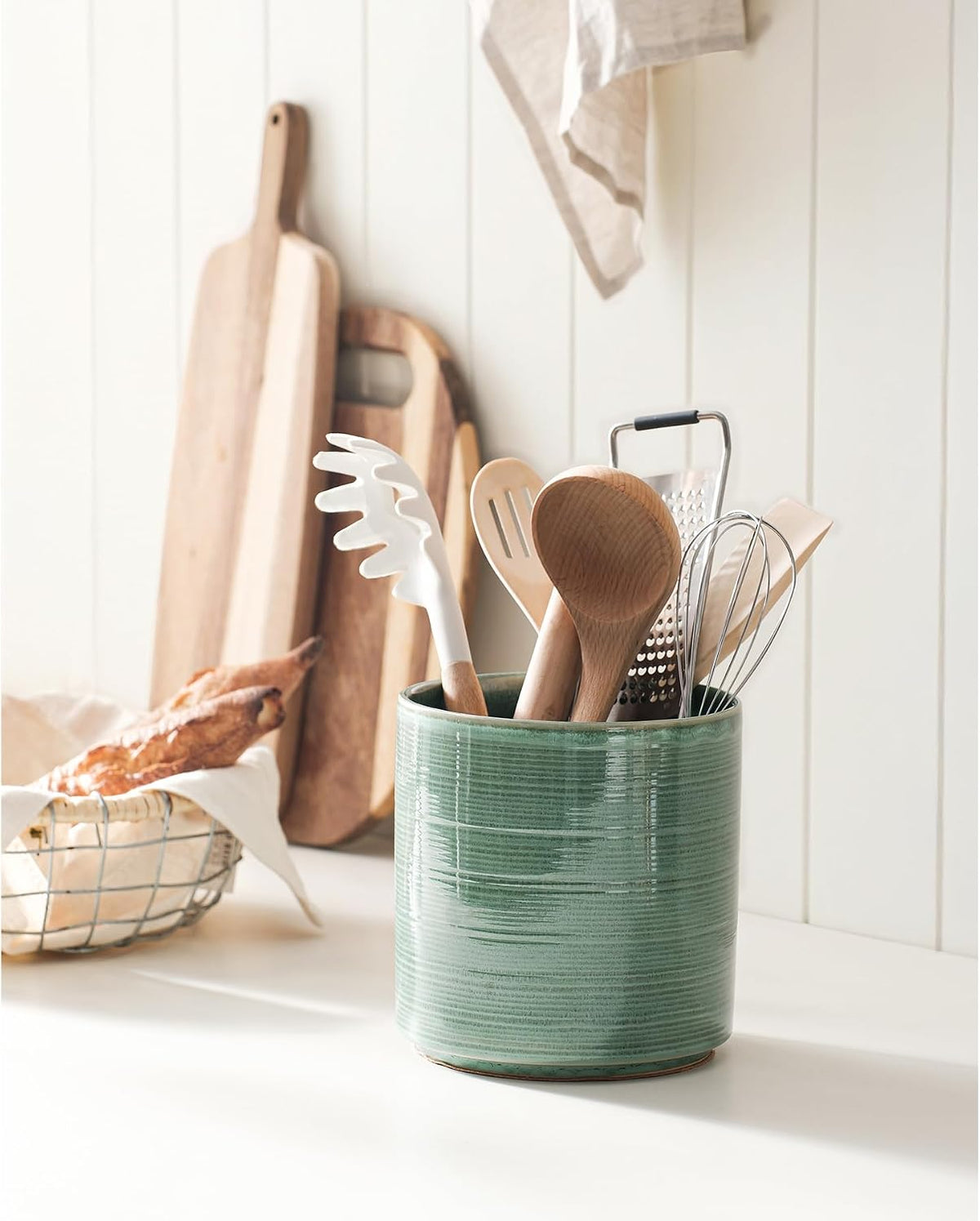 Large Utensil Holder for Kitchen Counter, 7.3” Ceramic Cooking Utensil Crocks for Spatula & Spoon, Farmhouse Kitchen Utensil Holder with Cork, Home Decor, Dark Blue