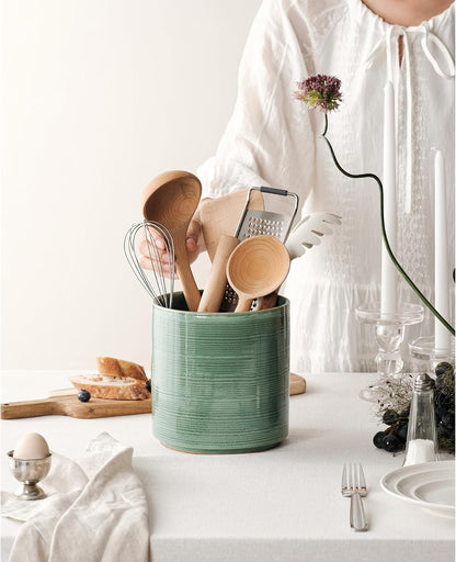 Large Utensil Holder for Kitchen Counter, 7.3” Ceramic Cooking Utensil Crocks for Spatula & Spoon, Farmhouse Kitchen Utensil Holder with Cork, Home Decor, Dark Blue