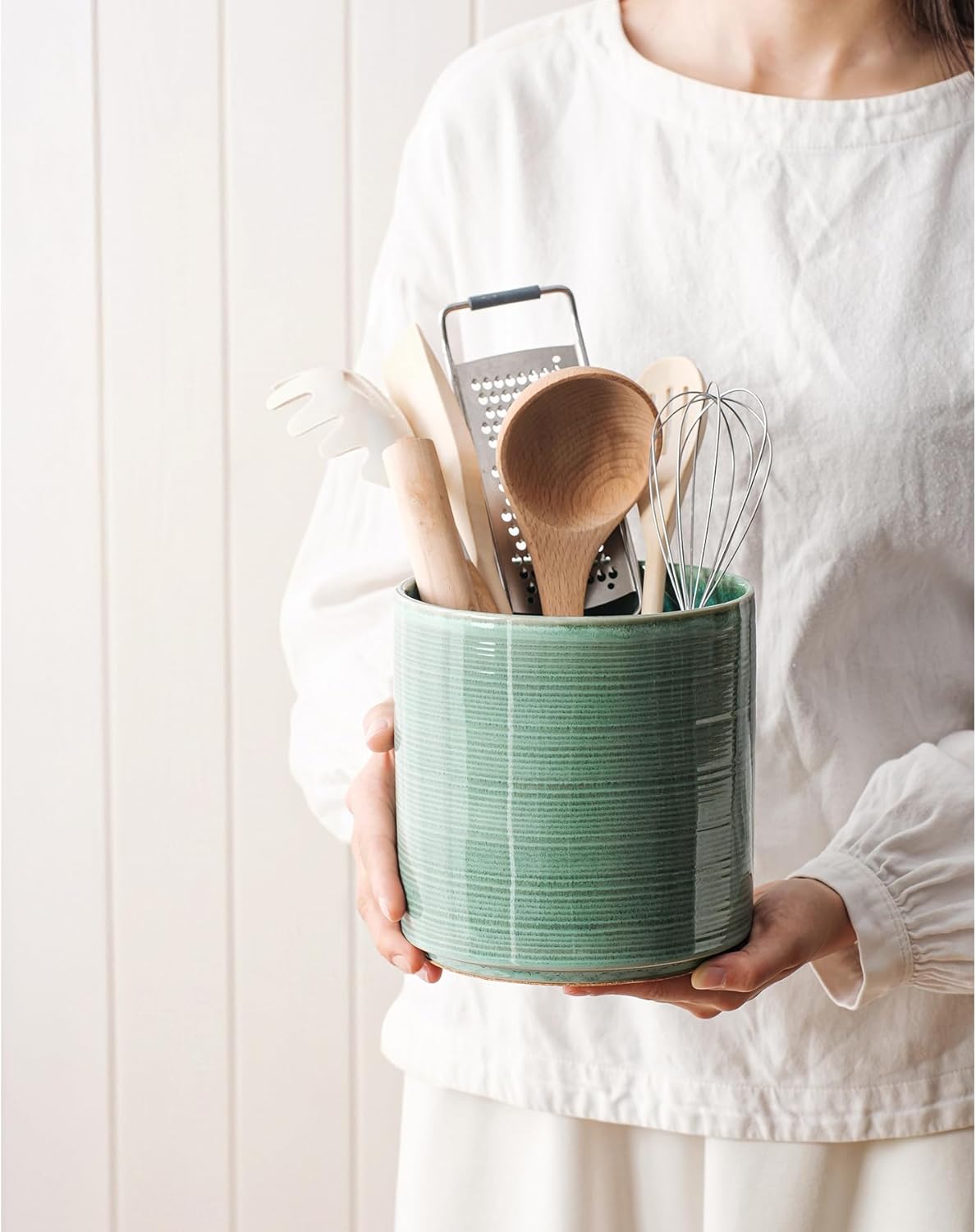 Large Utensil Holder for Kitchen Counter, 7.3” Ceramic Cooking Utensil Crocks for Spatula & Spoon, Farmhouse Kitchen Utensil Holder with Cork, Home Decor, Dark Blue