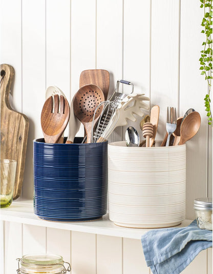 Large Utensil Holder for Kitchen Counter, 7.3” Ceramic Cooking Utensil Crocks for Spatula & Spoon, Farmhouse Kitchen Utensil Holder with Cork, Home Decor, Dark Blue