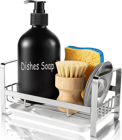 Sponge Holder for Kitchen Sink- Stainless Steel Kitchen Sink Caddy for Organizing Sponge, Brush & Soap Dish Dispenser, coutertop Organizer Rack with Adhesive or Counter top, Black