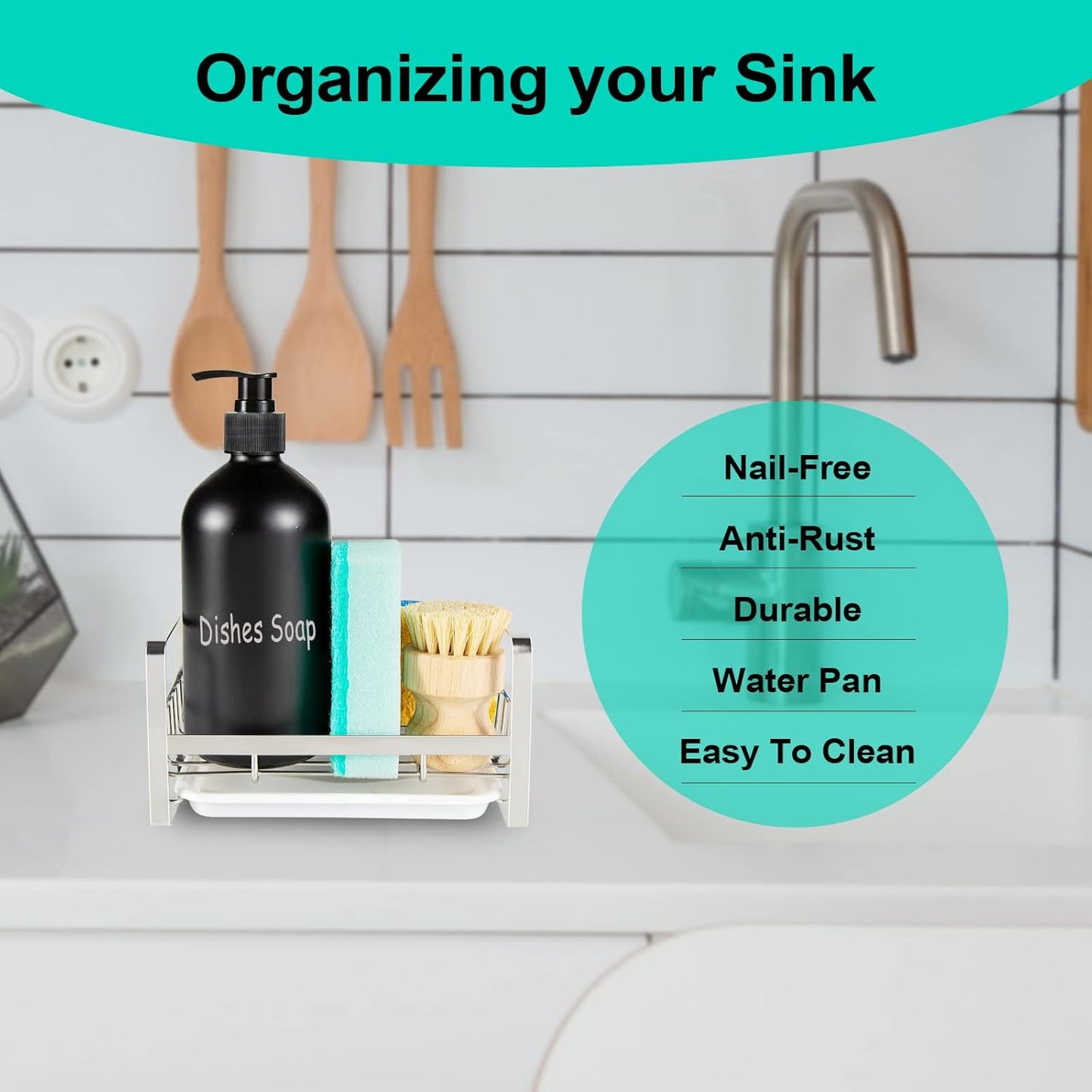 Sponge Holder for Kitchen Sink- Stainless Steel Kitchen Sink Caddy for Organizing Sponge, Brush & Soap Dish Dispenser, coutertop Organizer Rack with Adhesive or Counter top, Black