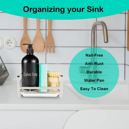 Sponge Holder for Kitchen Sink- Stainless Steel Kitchen Sink Caddy for Organizing Sponge, Brush & Soap Dish Dispenser, coutertop Organizer Rack with Adhesive or Counter top, Black
