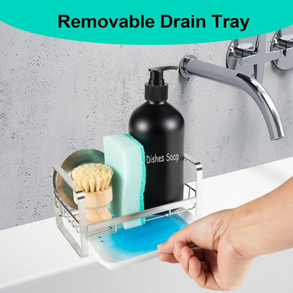 Sponge Holder for Kitchen Sink- Stainless Steel Kitchen Sink Caddy for Organizing Sponge, Brush & Soap Dish Dispenser, coutertop Organizer Rack with Adhesive or Counter top, Black