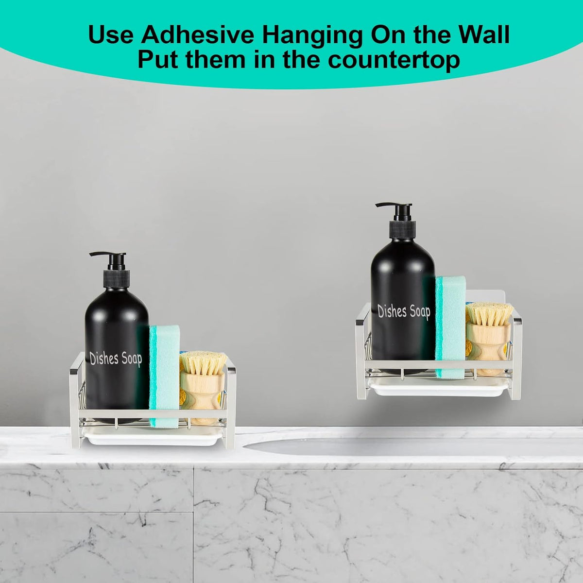 Sponge Holder for Kitchen Sink- Stainless Steel Kitchen Sink Caddy for Organizing Sponge, Brush & Soap Dish Dispenser, coutertop Organizer Rack with Adhesive or Counter top, Black