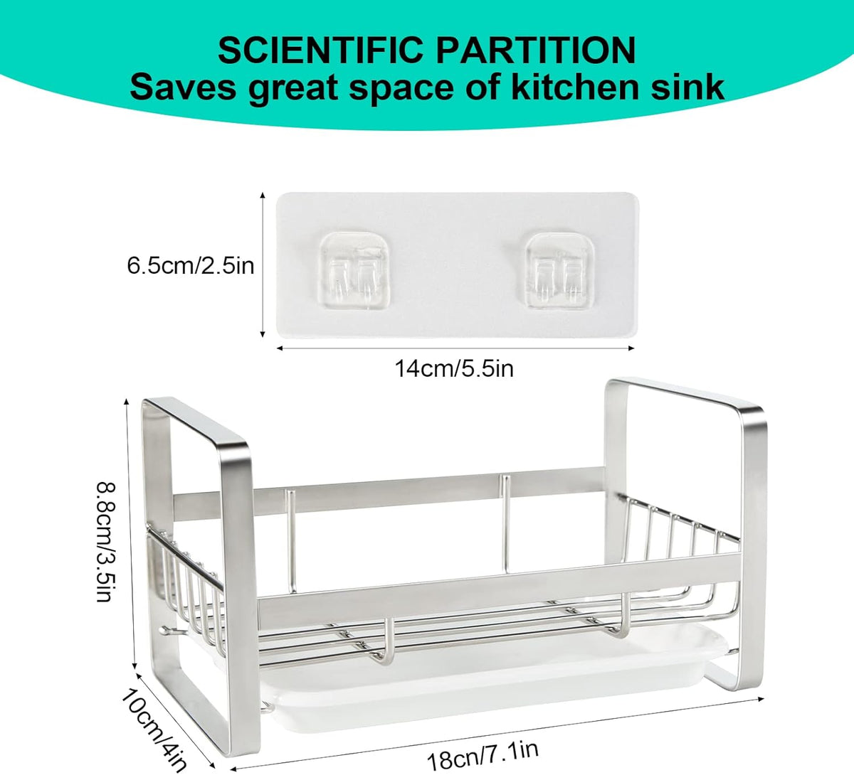 Sponge Holder for Kitchen Sink- Stainless Steel Kitchen Sink Caddy for Organizing Sponge, Brush & Soap Dish Dispenser, coutertop Organizer Rack with Adhesive or Counter top, Black