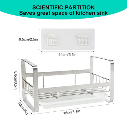 Sponge Holder for Kitchen Sink- Stainless Steel Kitchen Sink Caddy for Organizing Sponge, Brush & Soap Dish Dispenser, coutertop Organizer Rack with Adhesive or Counter top, Black