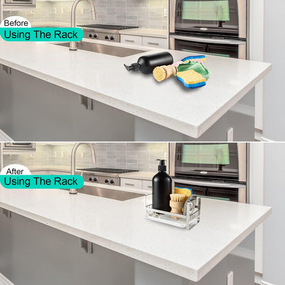 Sponge Holder for Kitchen Sink- Stainless Steel Kitchen Sink Caddy for Organizing Sponge, Brush & Soap Dish Dispenser, coutertop Organizer Rack with Adhesive or Counter top, Black