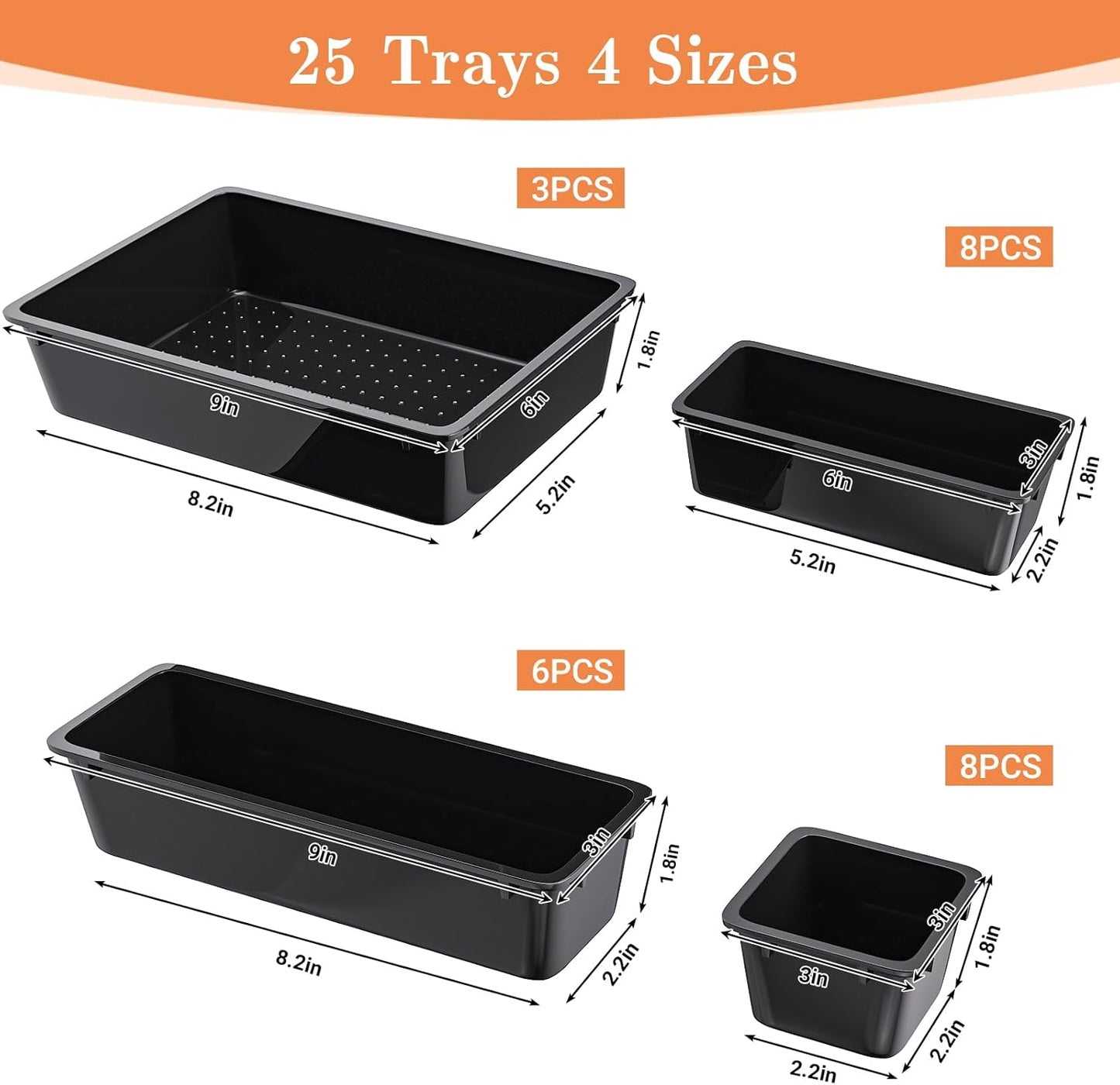 25 PCS Plastic Drawer Organizer Set, 4-Size Versatile Organizer Tool Trays & storage Bins for Makeup, Jewelry, and Gadgets in Bathroom, Bedroom and Office,Clear Black