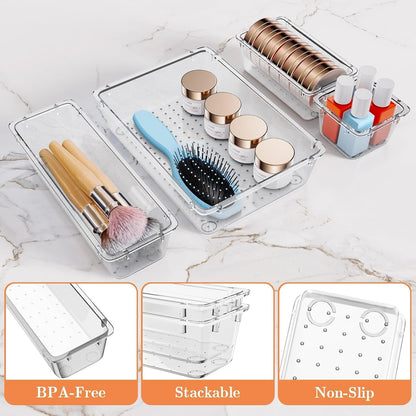 25 PCS Plastic Drawer Organizer Set, 4-Size Versatile Organizer Tool Trays & storage Bins for Makeup, Jewelry, and Gadgets in Bathroom, Bedroom and Office,Clear Black