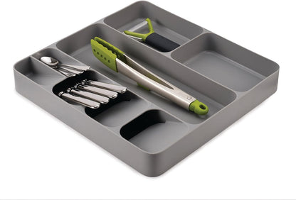 DrawerStore Compact Utensil Organizer For Kitchen Drawer Silverware, Flatware Tray, Small, Grey
