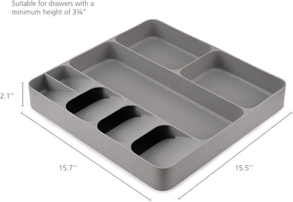 DrawerStore Compact Utensil Organizer For Kitchen Drawer Silverware, Flatware Tray, Small, Grey