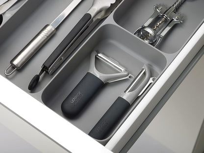 DrawerStore Compact Utensil Organizer For Kitchen Drawer Silverware, Flatware Tray, Small, Grey