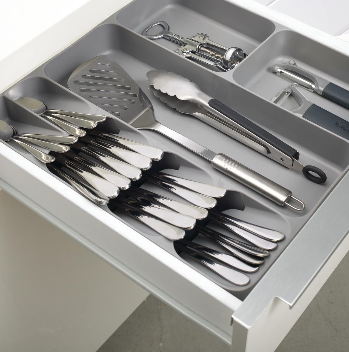 DrawerStore Compact Utensil Organizer For Kitchen Drawer Silverware, Flatware Tray, Small, Grey