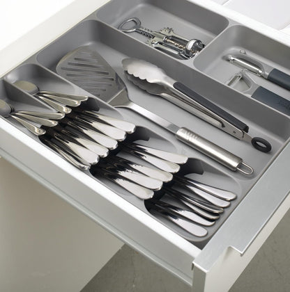 DrawerStore Compact Utensil Organizer For Kitchen Drawer Silverware, Flatware Tray, Small, Grey