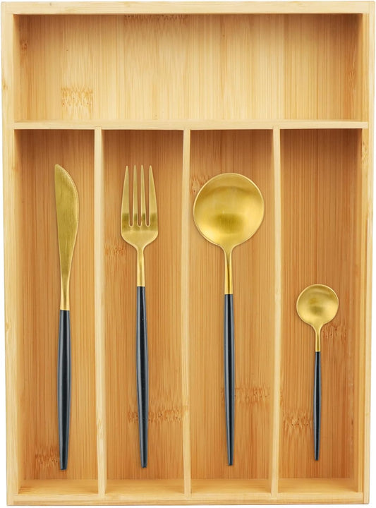 Bamboo Kitchen Drawer Organizer, 9.5 Inch Silverware Organizer for Small Drawer, Silverware Tray, Utensil Organizer for Cutlery, Fork, Spoon Storage