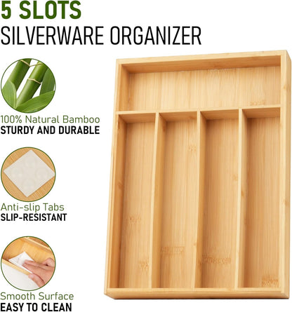 Bamboo Kitchen Drawer Organizer, 9.5 Inch Silverware Organizer for Small Drawer, Silverware Tray, Utensil Organizer for Cutlery, Fork, Spoon Storage
