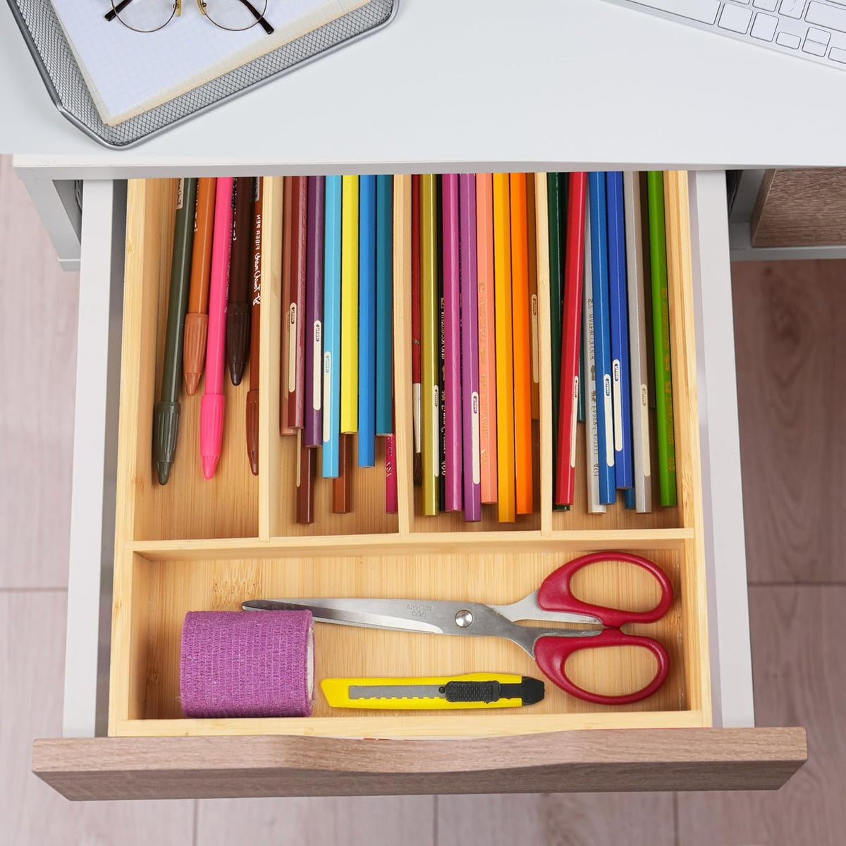 Bamboo Kitchen Drawer Organizer, 9.5 Inch Silverware Organizer for Small Drawer, Silverware Tray, Utensil Organizer for Cutlery, Fork, Spoon Storage