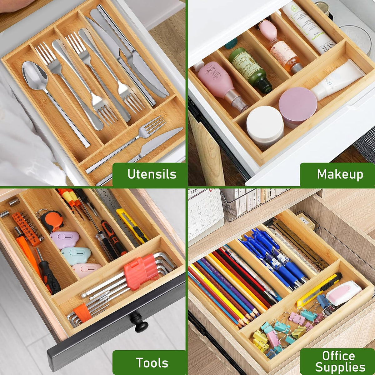 Bamboo Kitchen Drawer Organizer, 9.5 Inch Silverware Organizer for Small Drawer, Silverware Tray, Utensil Organizer for Cutlery, Fork, Spoon Storage