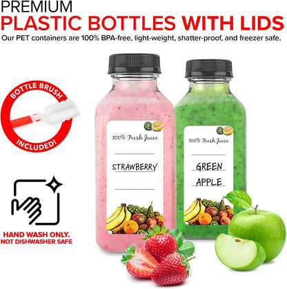 12 oz Juice Bottles with Caps for Juicing (12 pack) - Reusable Clear Empty Plastic Water Bottles - Drink Containers for Mini Fridge, Juicer Shots Includes Labels, Brush & Funnel