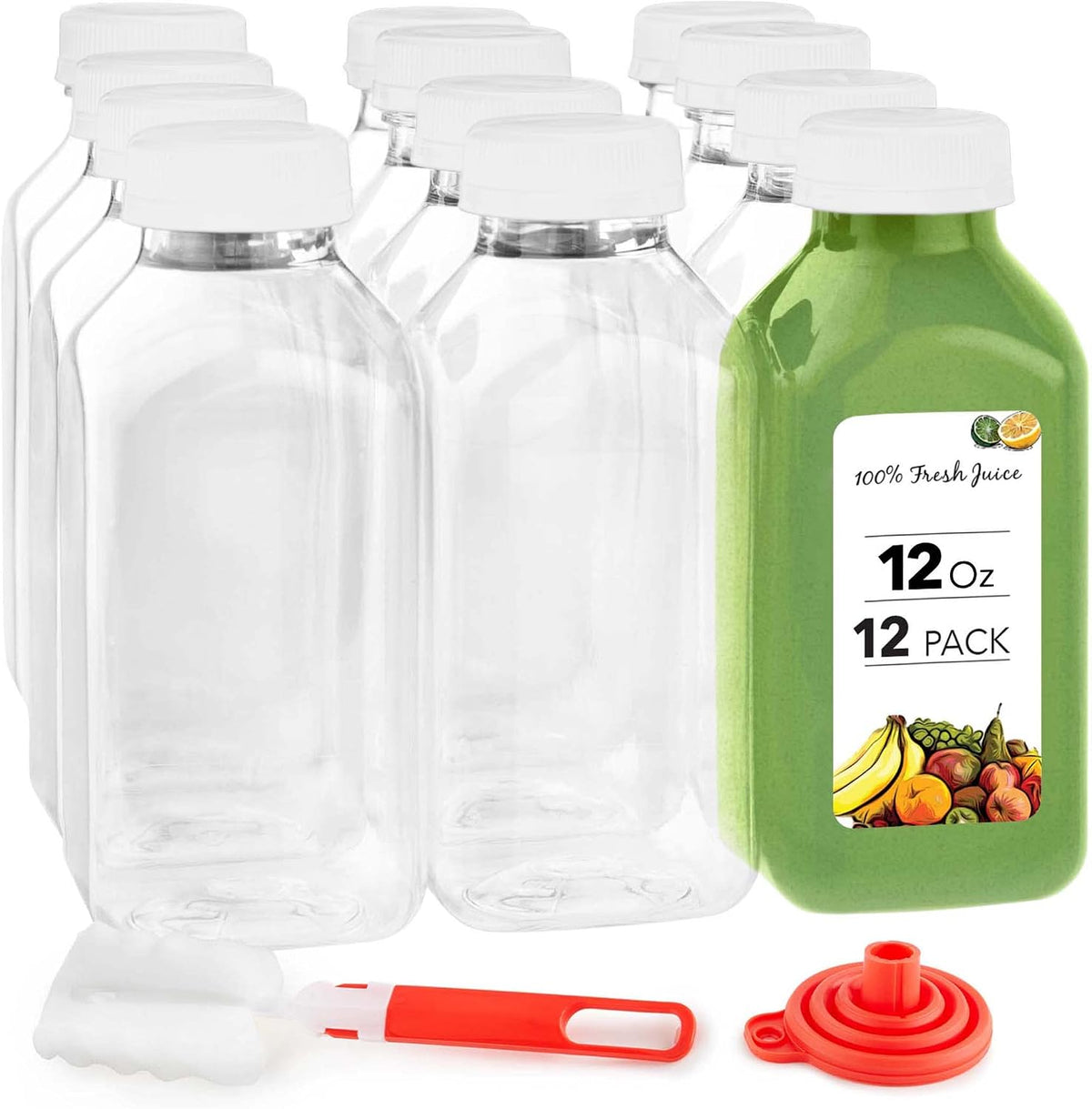 12 oz Juice Bottles with Caps for Juicing (12 pack) - Reusable Clear Empty Plastic Water Bottles - Drink Containers for Mini Fridge, Juicer Shots Includes Labels, Brush & Funnel