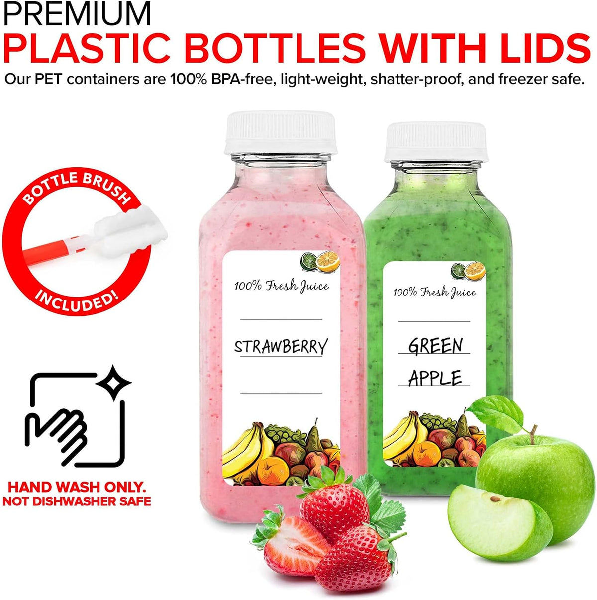 12 oz Juice Bottles with Caps for Juicing (12 pack) - Reusable Clear Empty Plastic Water Bottles - Drink Containers for Mini Fridge, Juicer Shots Includes Labels, Brush & Funnel