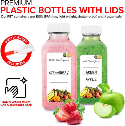 12 oz Juice Bottles with Caps for Juicing (12 pack) - Reusable Clear Empty Plastic Water Bottles - Drink Containers for Mini Fridge, Juicer Shots Includes Labels, Brush & Funnel