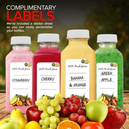 12 oz Juice Bottles with Caps for Juicing (12 pack) - Reusable Clear Empty Plastic Water Bottles - Drink Containers for Mini Fridge, Juicer Shots Includes Labels, Brush & Funnel